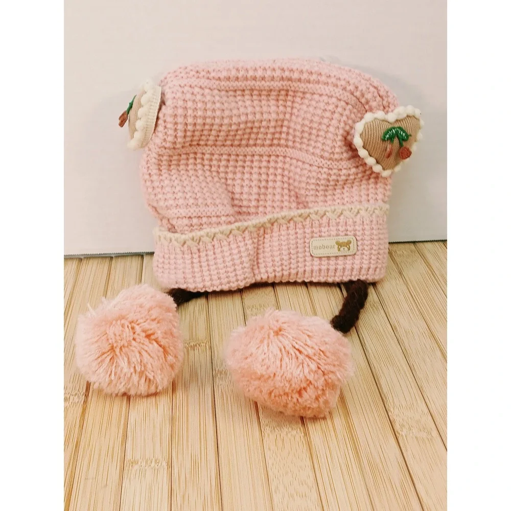 Mebear Infant Pink Knit Beanie Hat Heart Cherry Embroidery Braided Pom Poms NEW